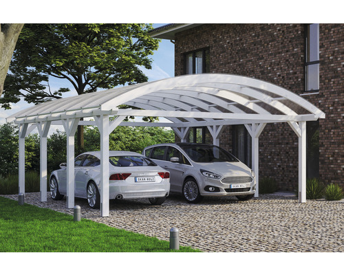 Prístrešok na auto dvojitý SKAN HOLZ Franken vrátane kotiev na stĺpik 635 x 755 cm biely Dve autá pod bielym prístreškom s priehľadnou strechou pred domom.