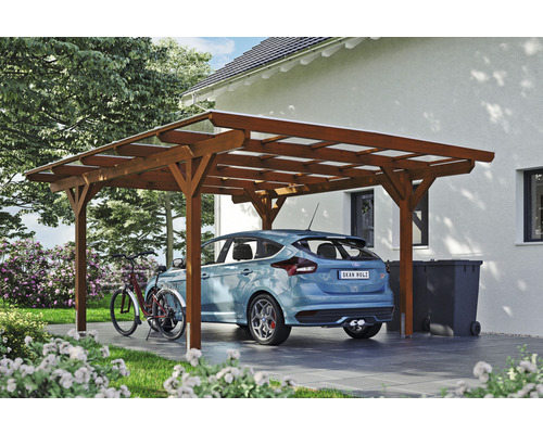 Prístrešok na auto SKAN HOLZ Odenwald vr. kotiev na stĺpiky, 428 x 541 cm, orech Drevený prístrešok pre auto s autom a bicyklom