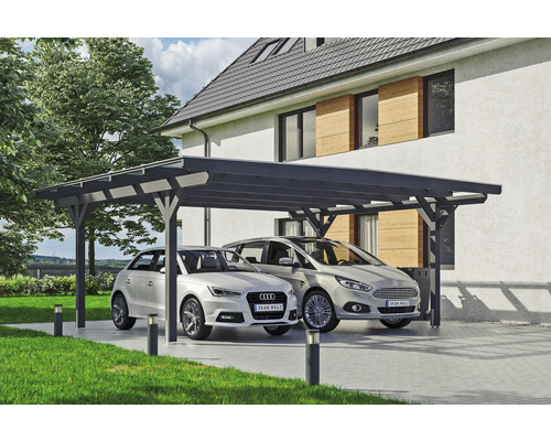 Prístrešok na auto dvojitý SKAN HOLZ Odenwald vrátane kotiev pre stĺpiky, 640 x 541 cm, bridlica Drevený dvojitý prístrešok pre autá s dvoma zaparkovanými autami pred domom