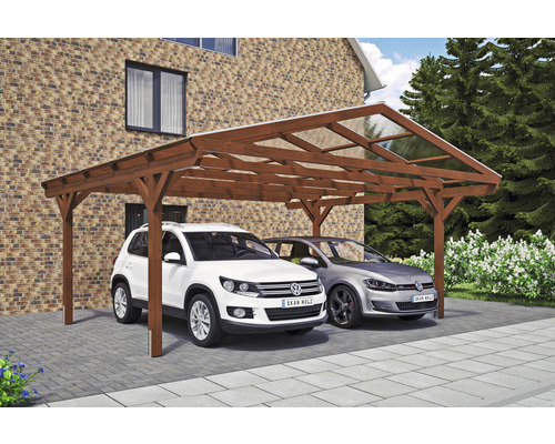 Prístrešok na auto dvojitý SKAN HOLZ Westerwald vrátane kotiev na stĺpik, 570 x 541 cm, orech Dvojitý drevený prístrešok pre auto s dvoma zaparkovanými autami