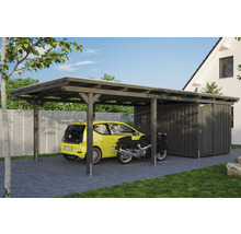 Drevený carport s úložným priestorom, pod ním auto a motorka