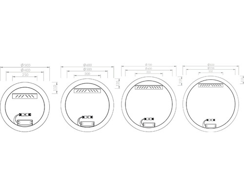 Technický nákres okrúhlych zrkadiel v rôznych veľkostiach