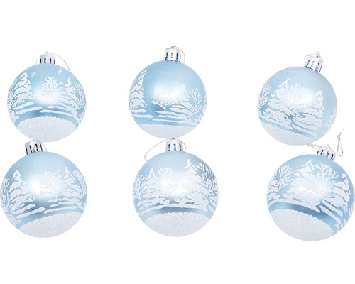 Vianočné ozdoby plastové gule so stromami Ø6 cm 6 ks modro-biele Šesť vianočných gúľ s motívom zimnej krajiny