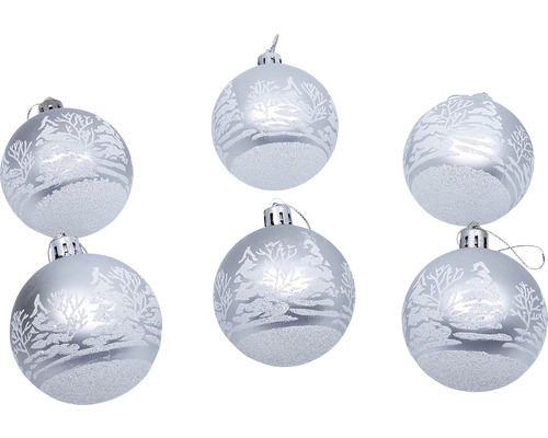 Vianočné ozdoby plastové gule so stromami Ø6 cm 6 ks strieborno-biele Šesť vianočných gúľ s motívom zimnej krajiny