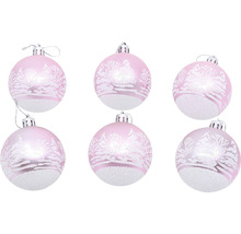 Šesť ružových vianočných gúľ so zimným motívom