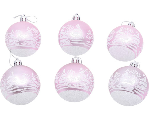 Vianočné ozdoby plastové gule so stromami Ø6 cm 6 ks ružovo-biele Šesť ružových vianočných gúľ so zimným motívom