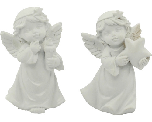 Dve figúrky anjelov z kameniny, každá so sviečkou a hviezdou.