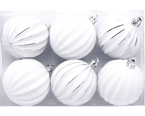 Vianočné ozdoby plastové gule pruhované Ø6 cm 6 ks biele Šesť bielych vianočných gúľ s rôznymi vzormi v priehľadnom obale.