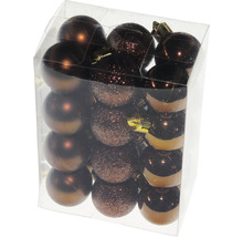 Balenie hnedých vianočných gúľ s lesklým, trblietavým a pruhovaným povrchom