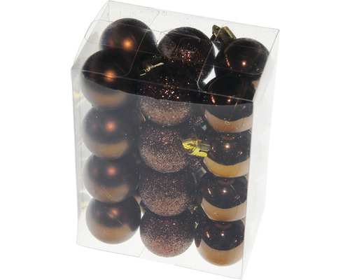 Balenie hnedých vianočných gúľ s lesklým, trblietavým a pruhovaným povrchom