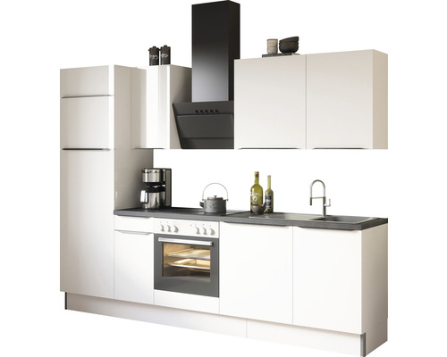 Kuchynská linka s hornými skrinkami, digestorom a elektrospotrebičmi.