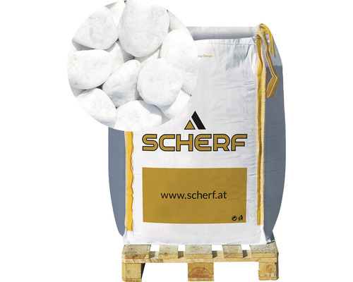 Štrk mramorový kararský 25–40 mm biely big bag 1000 kg Dekoratívny štrk vo vreci na palete s logom Schärf.