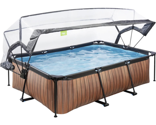 Obdĺžnikový bazén s dreveným obkladom a priehľadným krytom