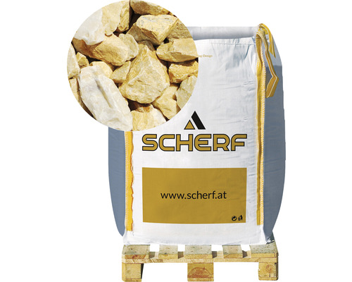 Kamenná drť mramorová 16–25 mm zlatý oker big bag 1000 kg Vrece s okrasnou drťou na palete, logo Schärf