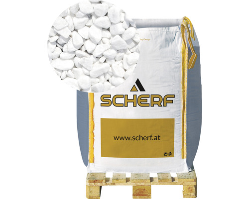 Štrk mramorový kararský 5–12 mm biely big bag 1000 kg Vrece s bielymi okrasnými kamienkami na palete, detailný pohľad na kamienky, logo Scherf