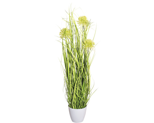 Umelá tráva s okrasným cesnakom zelená cca 60 cm v bielom melamínovom kvetináči 11 x 10 cm