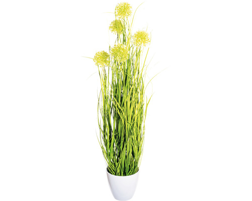 Umelá tráva s okrasným cesnakom zelená cca 80 cm v bielom melamínovom kvetináči 14 x 13 cm