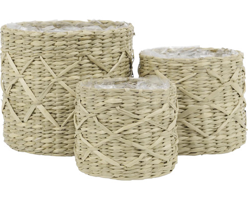 Tri košíky na rastliny z pleteného rastlinného materiálu s plastovou vnútornou vložkou