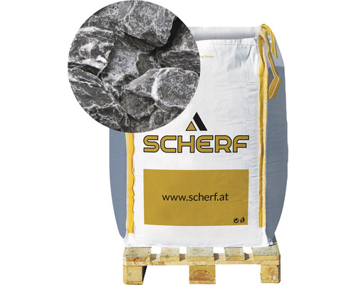 Kamenná drť mramorová 25–50 mm čierno-biela big bag 1000 kg Logo spoločnosti Scherf. Vrece ozdobných kameňov na palete