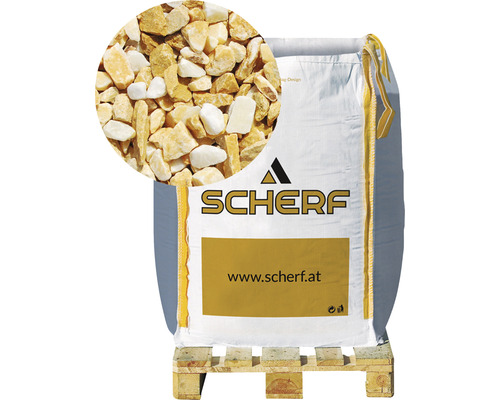 Kamenná drť mramorová 9–12 mm sienská žltá big bag 1000 kg Vrece okrasného štrku na palete, detail štrku