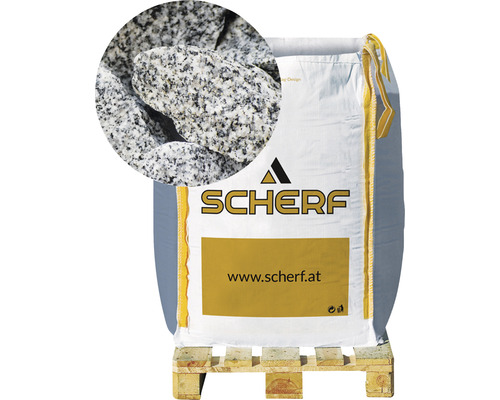 Kamenná drť žulová 80–200 mm soľ a korenie big bag 1000 kg Logo Scherf, vrece okrasného štrku na palete
