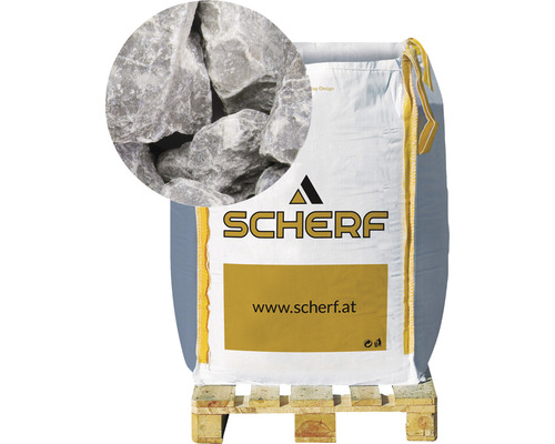 Kamenná drť mramorová 25–50 mm šedo-biela big bag 1000 kg Big Bag so sivými mramorovými kameňmi na drevenej palete