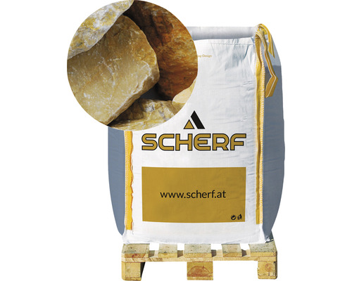 Kamenná drť mramorová 50–100 mm zlatý oker big bag 1000 kg Vrece s okrasnými kameňmi na palete s logom Schärf