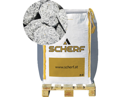 Kamenná drť žulová 25–50 mm soľ a korenie big bag 1000 kg Logo Scherf, vrece s okrasným štrkom na palete