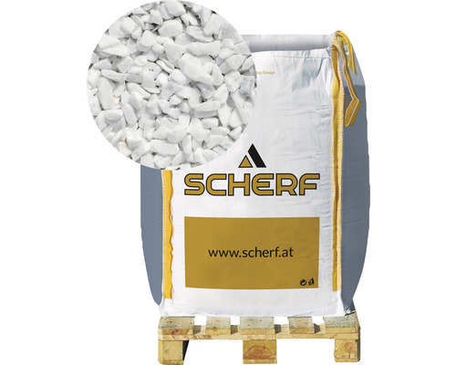 Kamenná drť mramorová kararská 6–9 mm biela big bag 1000 kg Vrece s bielymi okrasnými kamienkami na palete, značka Scherrf