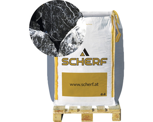 Kamenná drť mramorová 50–100 mm čierno-biela big bag 1000 kg Scherf Big Bag okrasný štrk na drevenej palete s detailným záberom