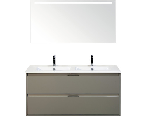 Kúpeľňová zostava Sanox Porto keramika zrkadlo 120 cm 2 zásuvky kubanit s LED Skrinka pod umývadlo s dvomi umývadlami, spodná skrinka s dvomi zásuvkami a zrkadlo s osvetlením