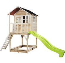 Detský drevený hrací domček so šmýkačkou, pieskoviskom a rebríkom