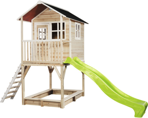 Detský drevený hrací domček so šmýkačkou, pieskoviskom a rebríkom