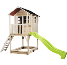 Drevený domček na hranie so šmykľavkou a pieskoviskom