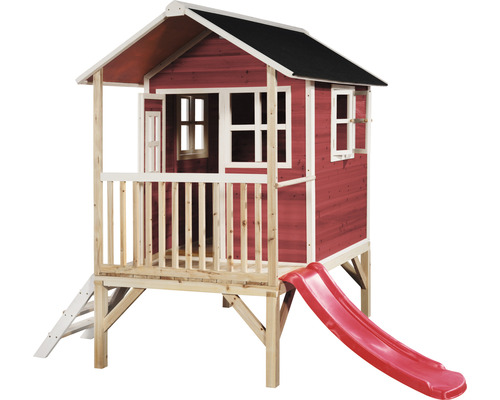 Drevený domček na hranie so šmykľavkou a rebríkom do záhrady