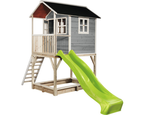 Drevený domček na hranie so šmýkačkou a pieskoviskom