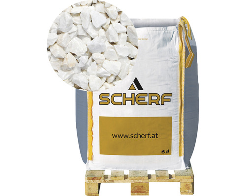 Kamenná drť mramorová 8–12 mm matná biela big bag 1000 kg Logo spoločnosti Scherf, vrece s okrasným štrkom na palete