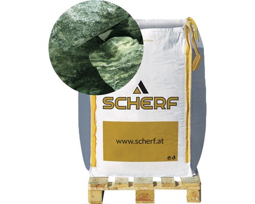 Kamenná drť bridlicová 50–100 mm zelená trblietavá big bag 1000 kg Vrece s okrasnými serpentínovými kameňmi na palete, detail kameňov a logo Schärf