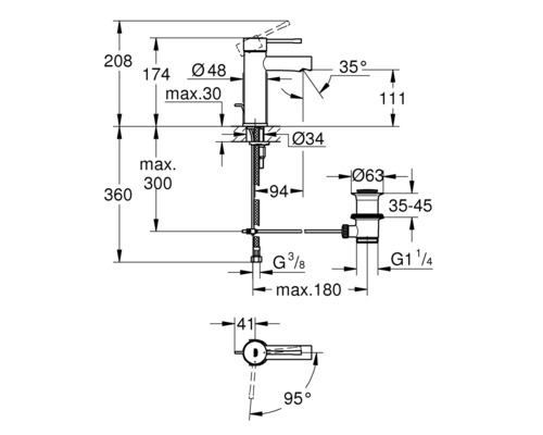 Technický nákres vodovodnej batérie s rozmermi