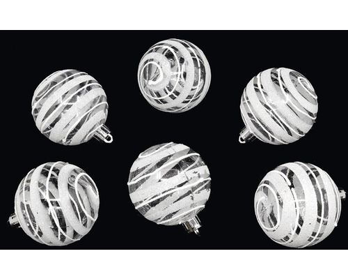 Vianočné ozdoby plastové gule so vzorom Ø6 cm 6 ks bielo-číre Šesť vianočných gúľ so špirálovým vzorom