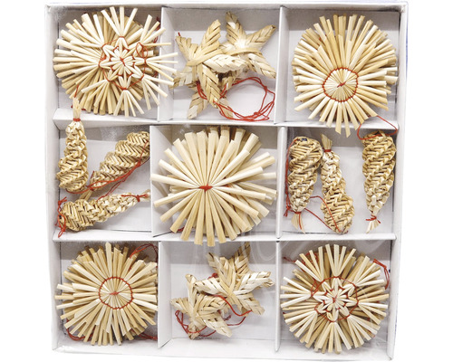 Vianočné ozdoby slamené 36 ks prírodné s červenou Sada slamenných hviezd a príveskov na dekoráciu v krabici