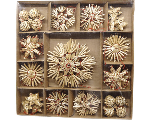 Vianočné ozdoby slamené 50 ks prírodné s červenou Sada slamených hviezd na dekoráciu v krabici