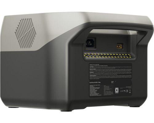 Pohľad zozadu na napájaciu stanicu EcoFlow River 2 Max s portami a vetracou mriežkou