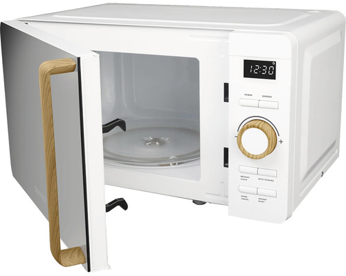 Otvorená mikrovlnná rúra s otočným tanierom a ovládacími prvkami