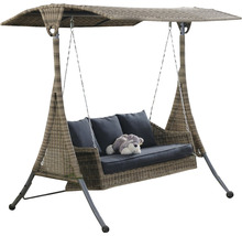 Záhradná hojdačka so strieškou, vzhľad ratanu a sivé vankúše