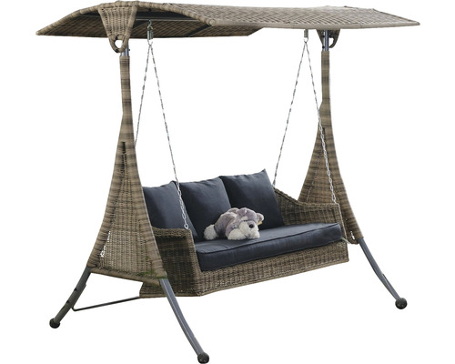 Záhradná hojdačka so strieškou, vzhľad ratanu a sivé vankúše