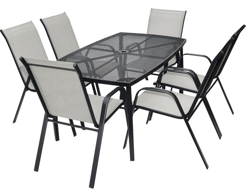 Záhradný stôl so šiestimi stoličkami z kovu a textilu