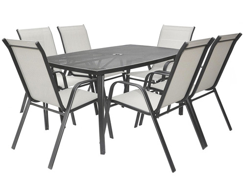 Záhradný stôl so šiestimi stoličkami z kovu a textilu