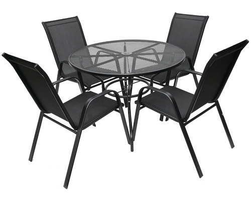 Záhradná stolová súprava so štyrmi stoličkami a okrúhlym stolom s mriežkovou štruktúrou