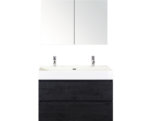 Umývadlová skrinka s dvomi umývadlami, spodná skrinka s dvomi zásuvkami a zrkadlová skrinka